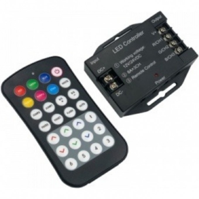 Контроллер ECOLA LED STRIP RGB RF 24A 288W 12V (576W 24V) с кнопочным черным радиопультом RFK24BESB Контроллер ECOLA LED STRIP RGB RF 24A 288W 12V (576W 24V) с кнопочным черным радиопультом RFK24BESB
